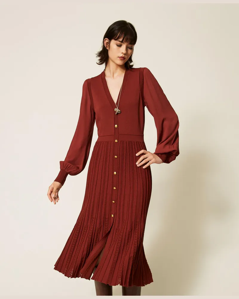 Twin-Set Maxi-Strickkleid mit Trompe-l'Œil-Effekt Cherry