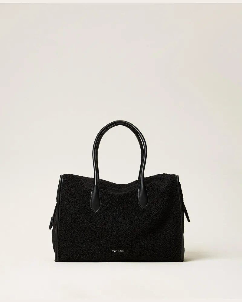Twin-Set Bowling-Bag aus Kunstpelz, Damen, Schwarz Schwarz