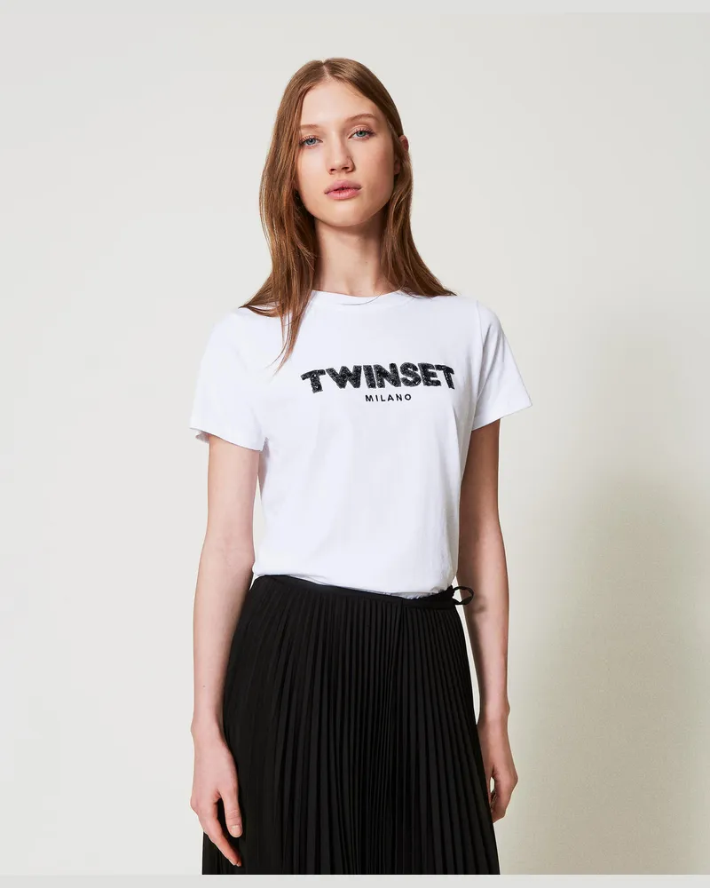 Twin-Set T-Shirts - T-Shirt mit aufgesticktem Logoschriftzug, Weiß, Größe: S 
