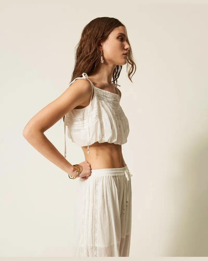 Twin-Set Tops - Cropped-Top aus Musselin mit Spitze, Mattweiß, Größe Mattweiß