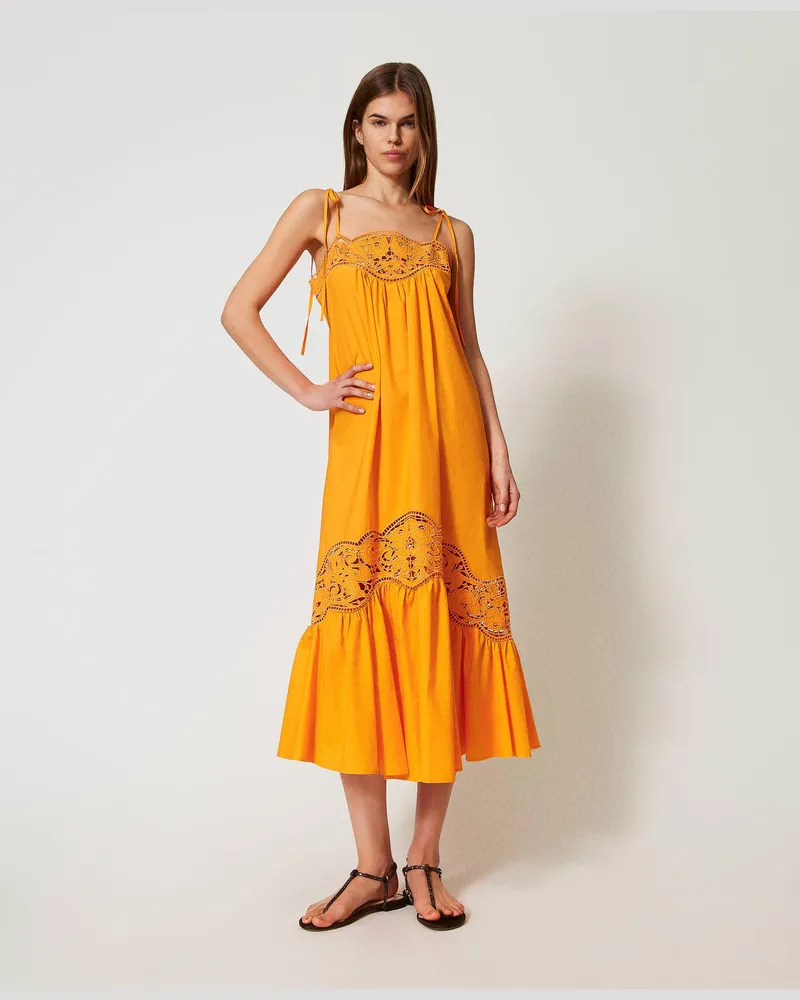 Twin-Set Kleider - Maxikleid aus Popeline mit Lochstickereien, "Yellow Marigold"-Orange, Baumwolle, Größe Yellow