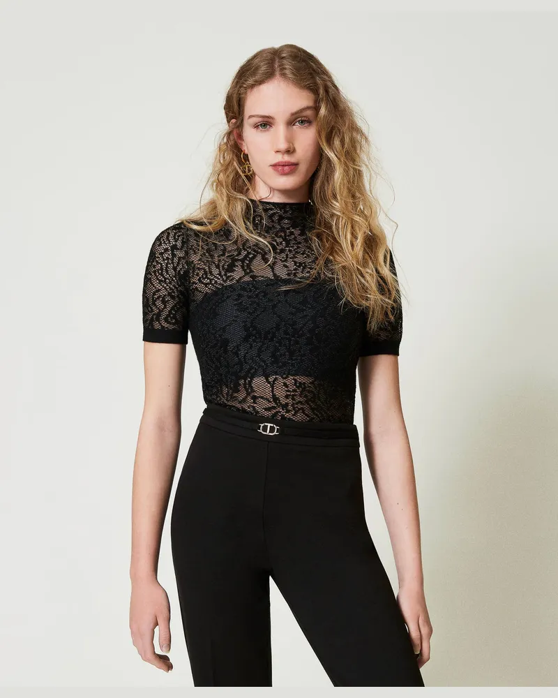 Twin-Set Stehkragenpullover aus Jacquard in Spitzenoptik, Schwarz, Größe: XS 