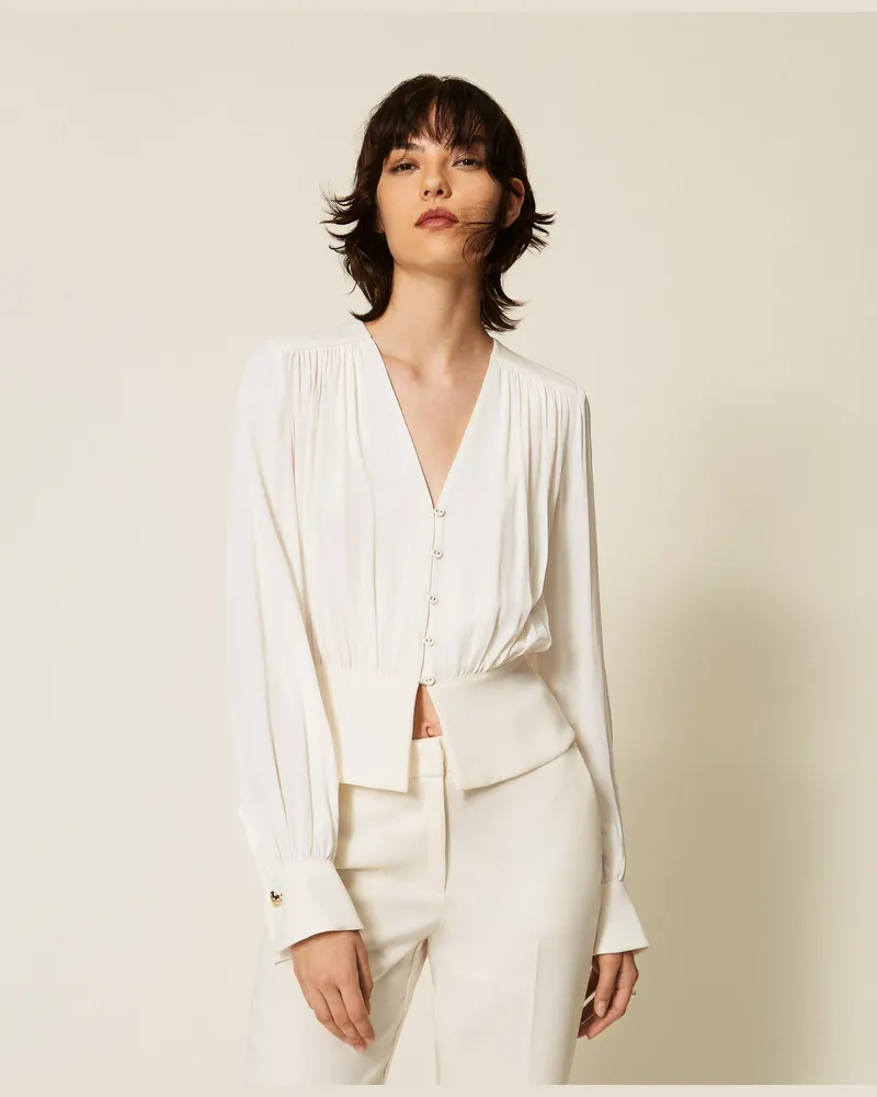 Twin-Set Hemdbluse aus Crêpe de Chine mit Raffungen, Damen, Perlmutt Perlmutt