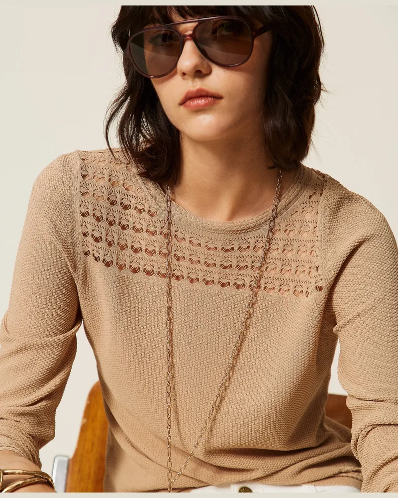 Twin-Set Rundhalspullover mit Zopfmuster, Damen, Nougat Beige Nougat