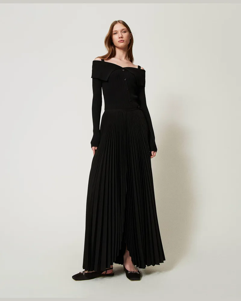 Twin-Set Röcke - Maxirock aus Crêpe de Chine mit Plissees, Schwarz, Größe: 48 