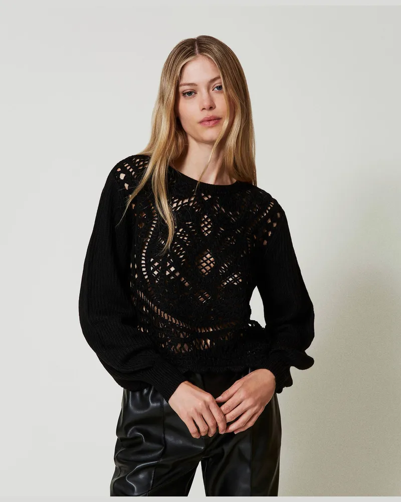 Twin-Set Pullover aus Wollmischung mit Häkelarbeit, Schwarz, Wolle, Größe: XXL 