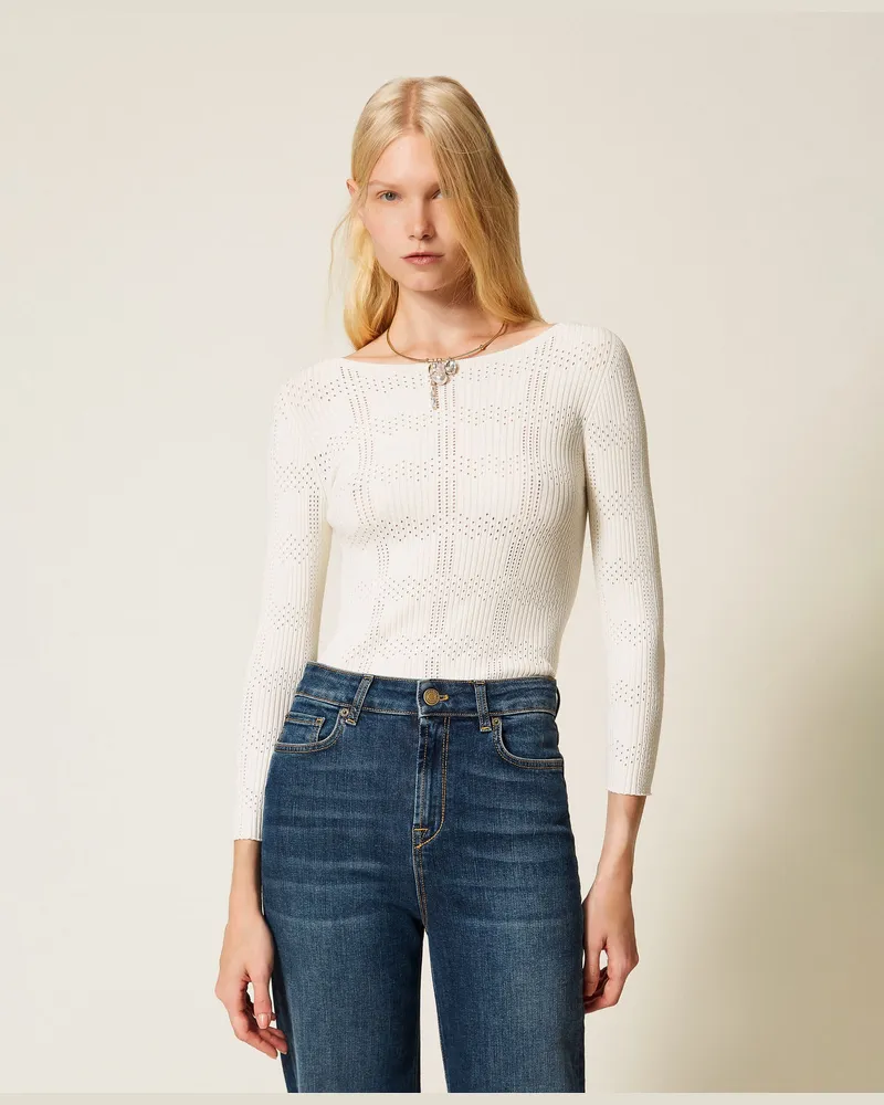 Twin-Set Gerippter Pullover mit Check-Muster, Weiß Schnee, Größe Weiß