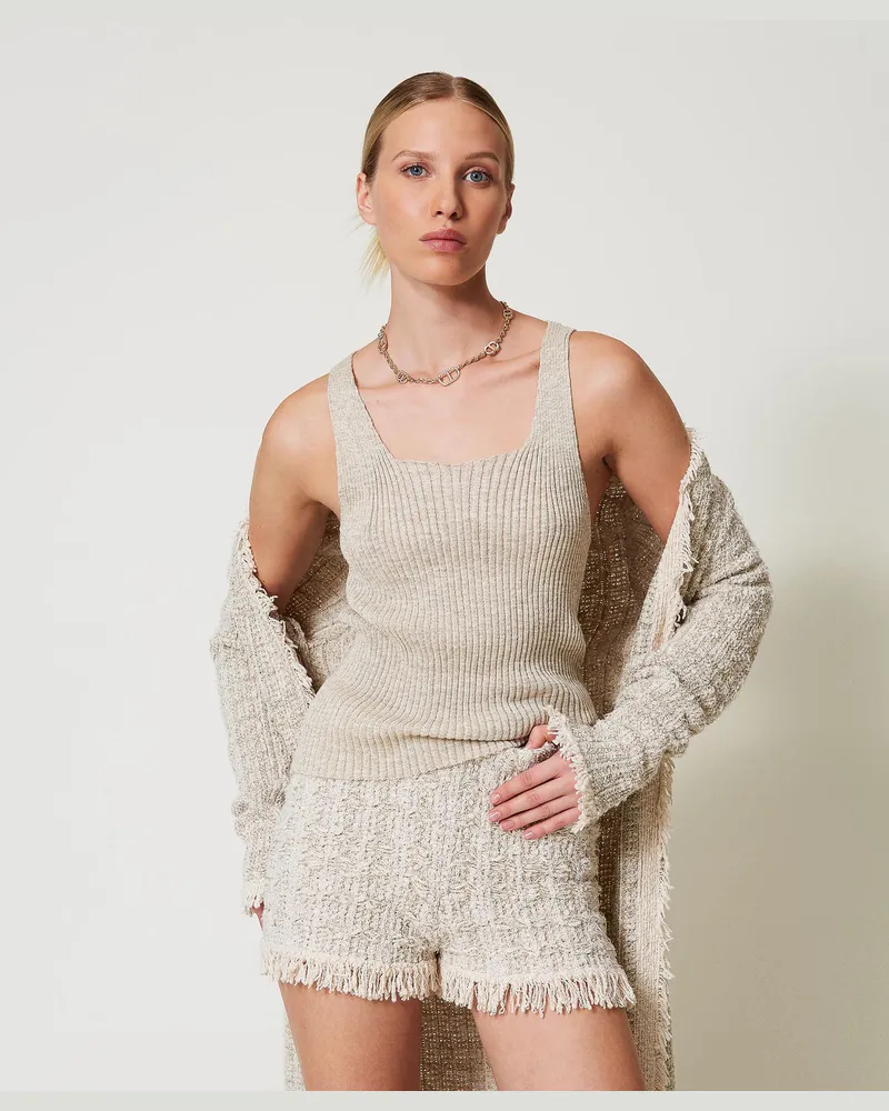 Twin-Set Tops - Stricktop aus Leinenmischung, Zweifarbig Schneeweiß / Lurex Gold, Größe: XXL 