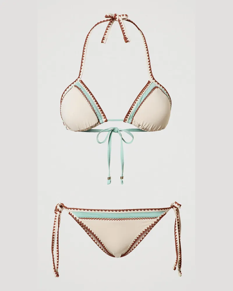 Twin-Set Bademode - Triangel-Bikinitop und Tanga mit Stickerei, Multicolor Almond Beige / Green Marine / Amber Brown, Größe: 5-B 