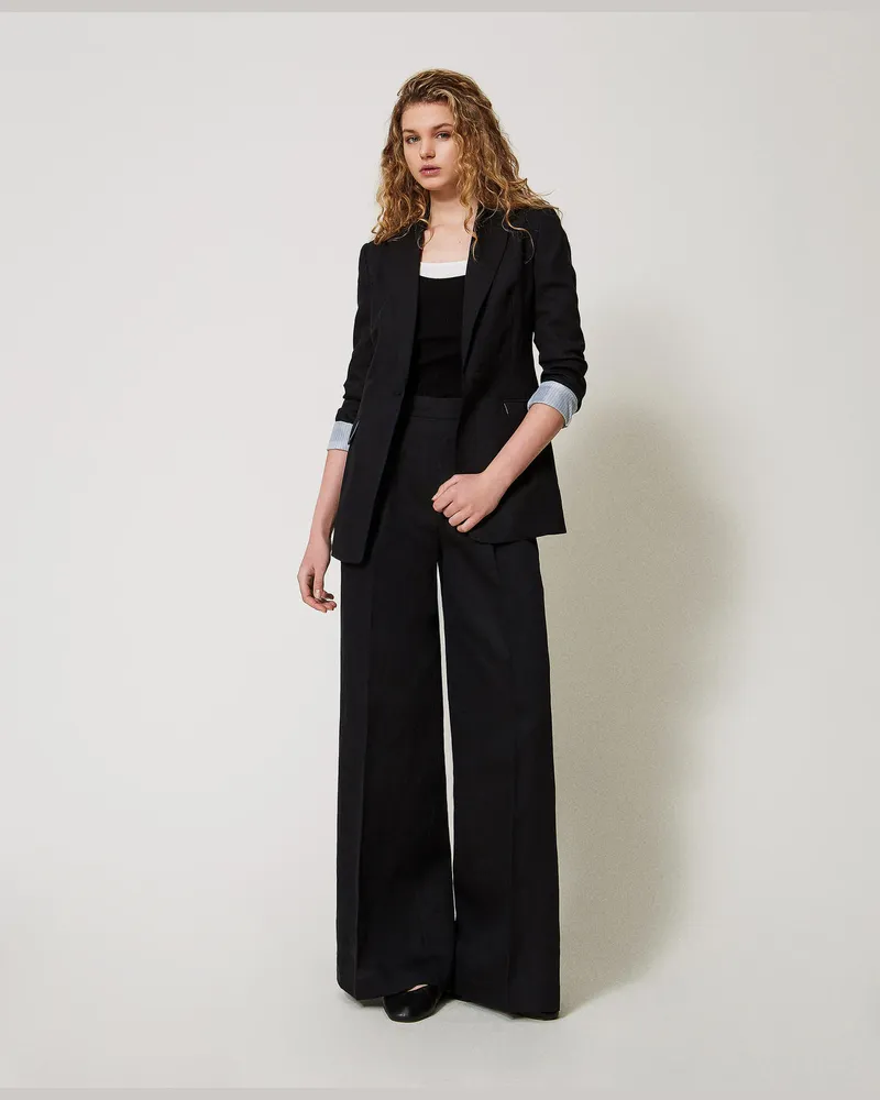 Twin-Set Hosen - Palazzohose aus Leinenmischung, Schwarz, Größe Schwarz