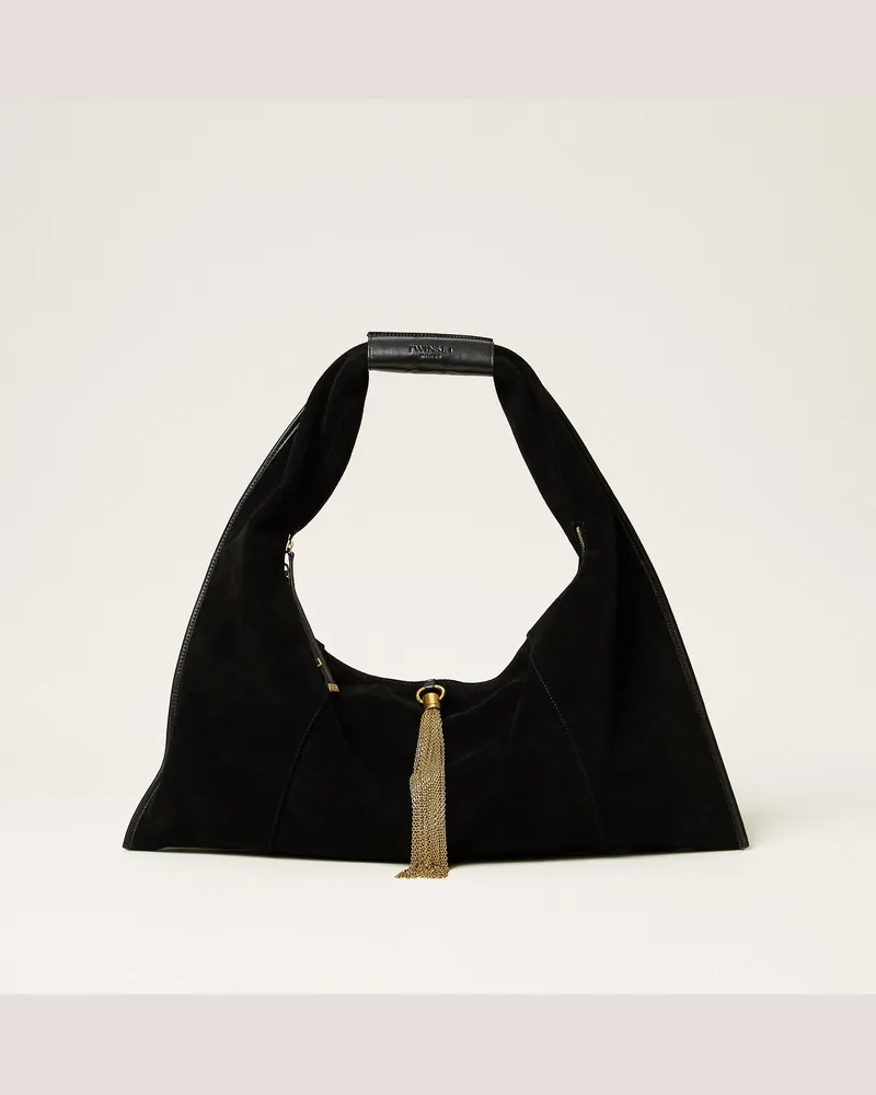 Twin-Set Trapezförmige Hobo-Tasche aus Veloursleder mit Quaste, Damen, Schwarz Schwarz