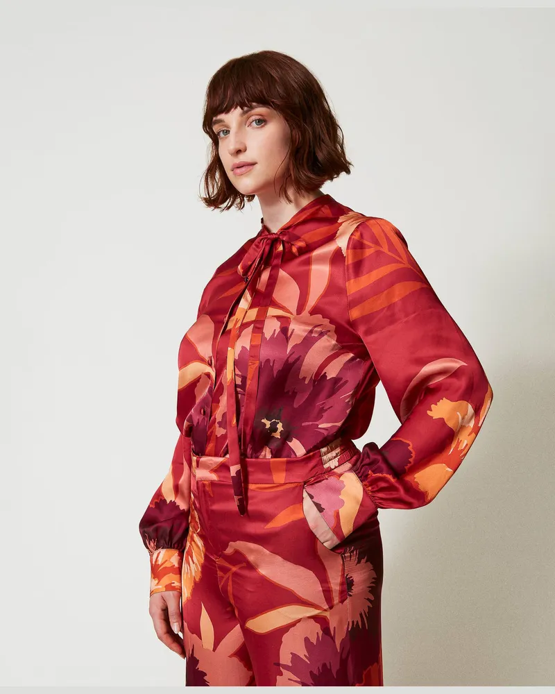 Twin-Set Hemden - Bluse aus Satin mit Blumendessin, Makroblumen Rot / Pflaumenrot, Größe Makroblumen