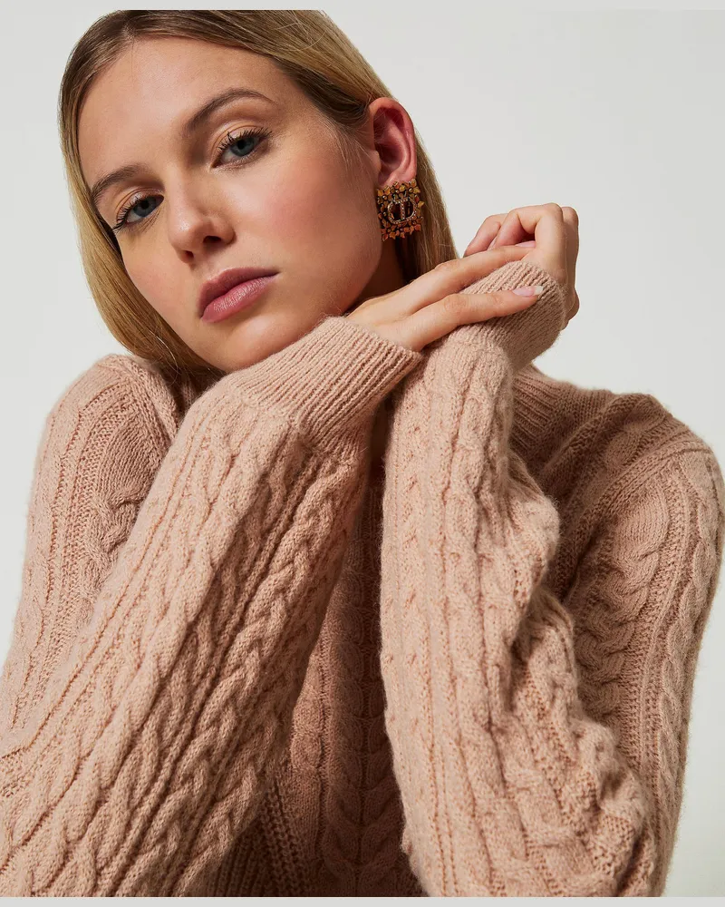 Twin-Set Pullover aus Wollmischung mit Zopfmuster, Helles „Sandy Brown", Wolle, Größe: XXL 
