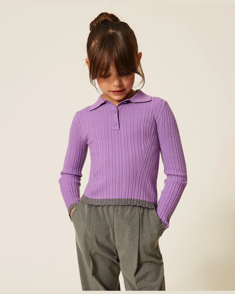 Twin-Set Pullover mit Polokragen in Rippoptik mit Kontrastdetails 