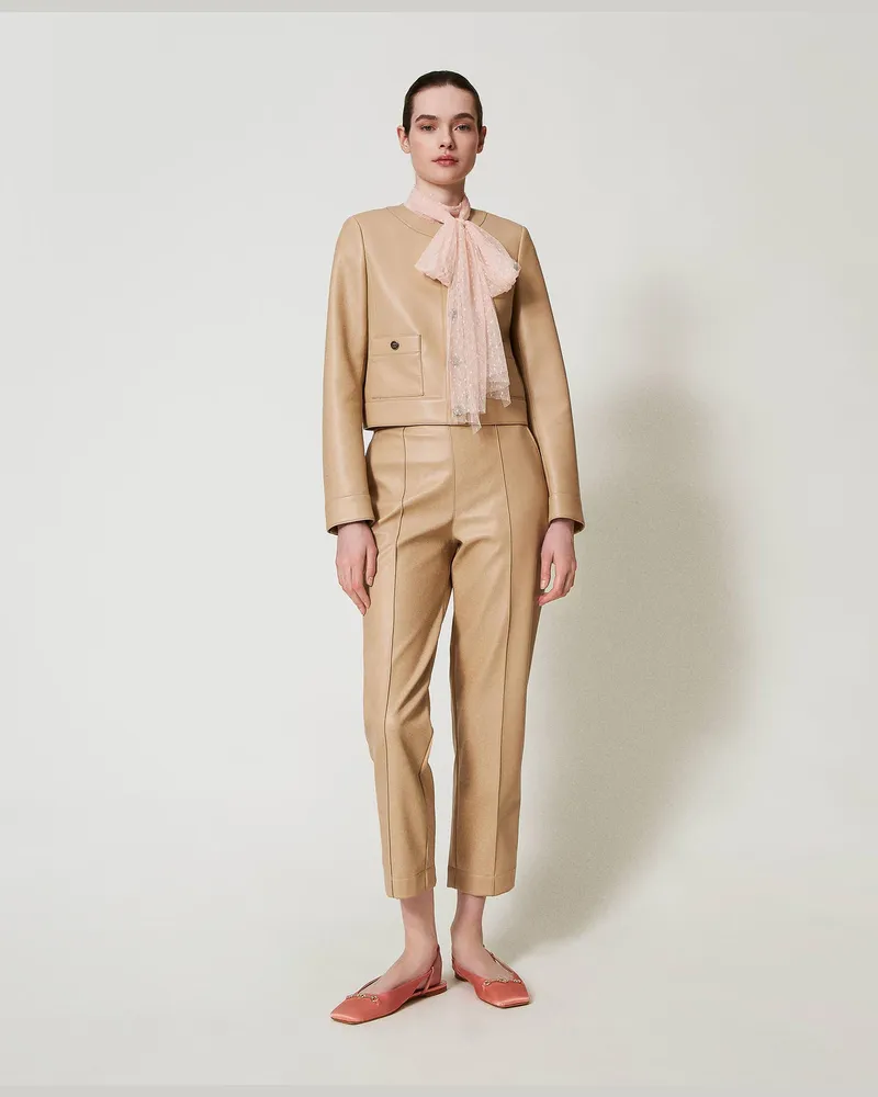 Twin-Set Gerade Hosen aus Nappalederimitat, "Light Rope"-Beige, Lederoptik, Größe Light