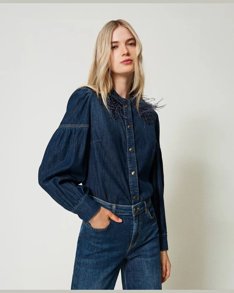 Twin-Set Hemden - Jeanshemd mit Federn, Dunkles Denim, Größe Dunkles