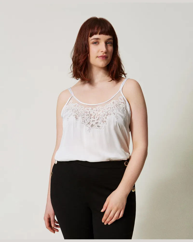 Twin-Set Tops - Satintop mit Stickerei, Weiß Schnee, Größe Weiß