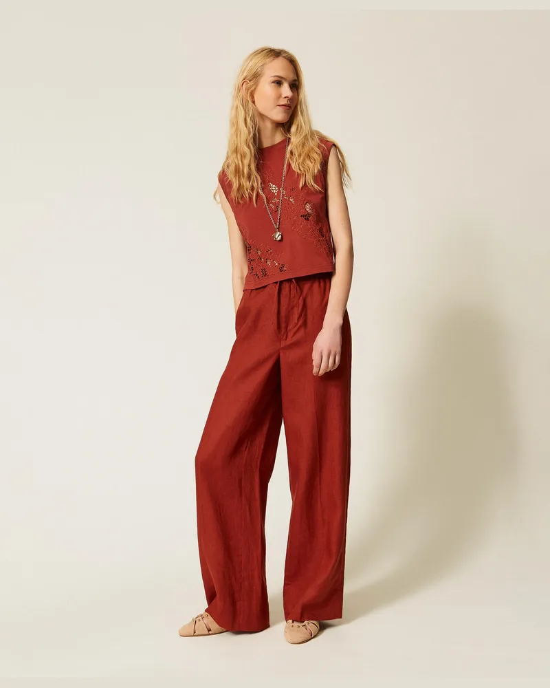 Twin-Set T-Shirts - T-Shirt mit Lochstickerei, "Henna" Brown, Baumwolle, Größe Henna