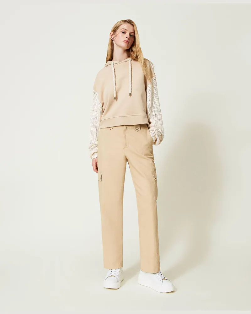 Twin-Set Hosen - Cargohose aus Leinenköper, „Almond Milk", Größe „almond