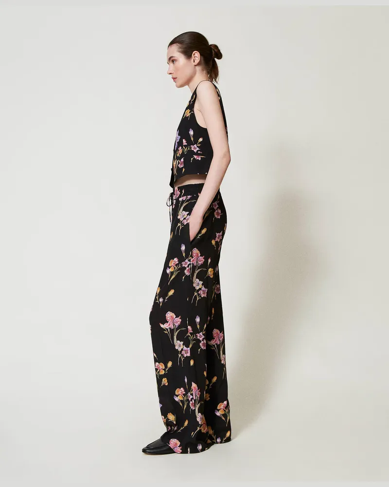 Twin-Set Hosen - Hose aus Crêpe de Chine mit Blumendessin und Gummizug, Print Iris Multicolor / Black, Größe Print
