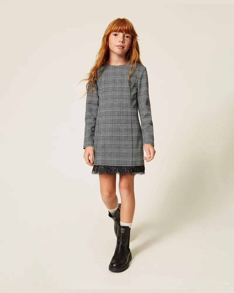 Twin-Set Kurzes Kleid mit Prince-of-Wales-Muster und Spitze, Damen, Prince-of-Wales-Muster "Schneeweiß" / Schwarz Prince-of-wales-muster