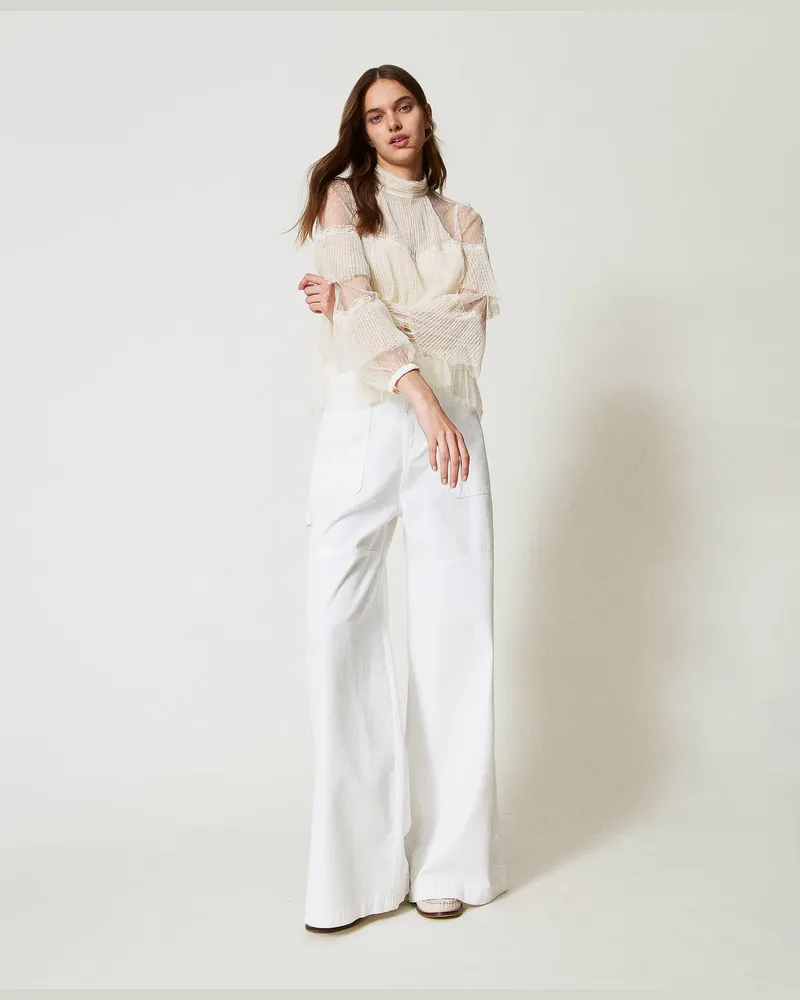 Twin-Set Hosen - Cargohose aus weißem Bull-Denim, Weiß Schnee, Baumwolle, Größe Weiß