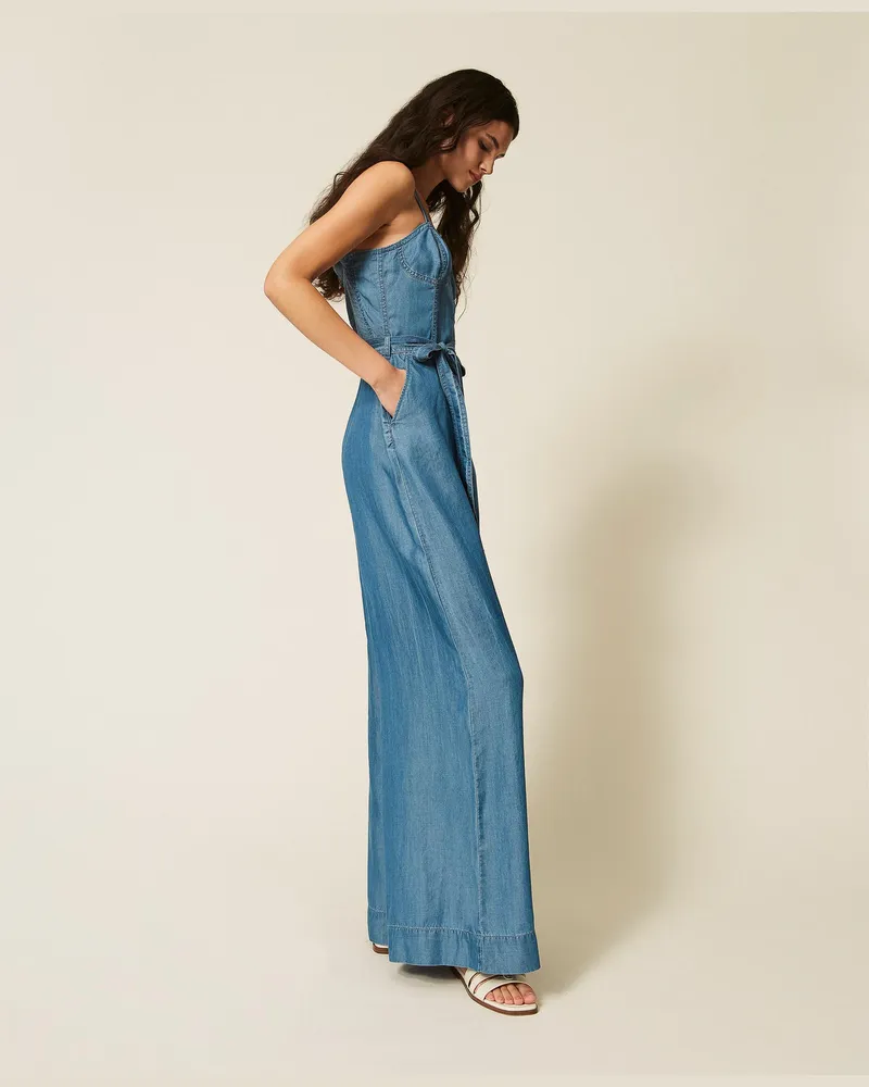 Actitude by Twinset Kleider - Jumpsuit aus Jeans mit Gürtel, Helles Denimblau, Größe Helles