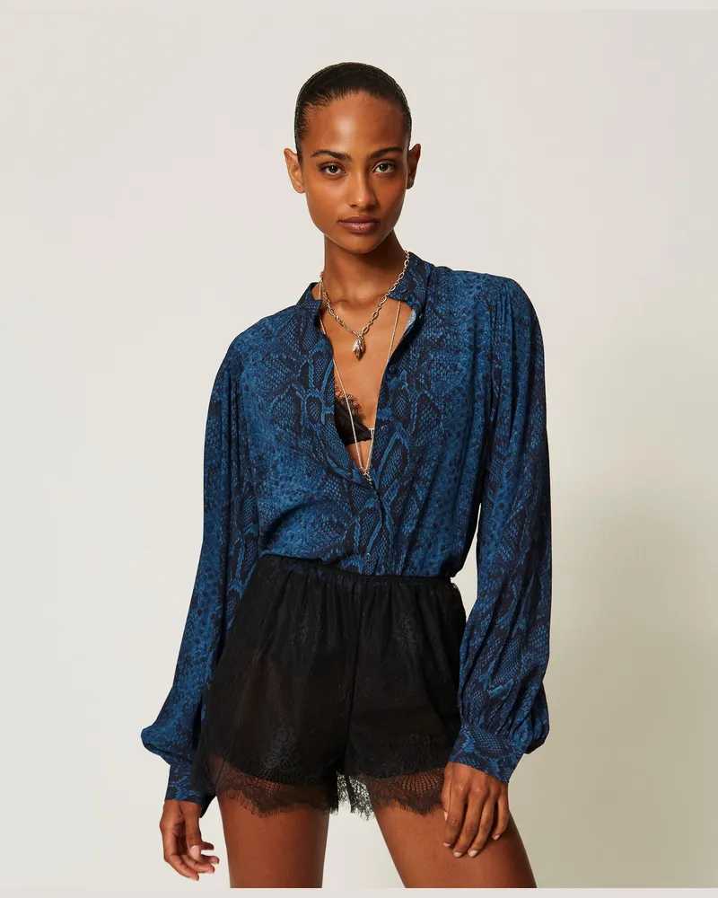 Twin-Set Hemdbluse aus Crêpe de Chine mit Pythonprint, Damen, Pythonprint Blue Violet / Black Pythonprint