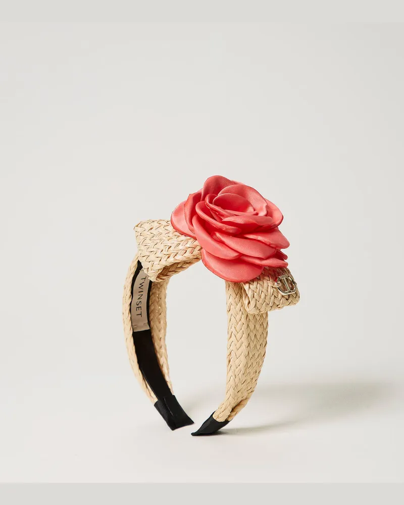 Twin-Set Accessoires - Haarreif aus Bastimitat mit Satinblume, Zweifarbig Strohbeige / Kamelienrosa, Einheitsgröße Zweifarbig