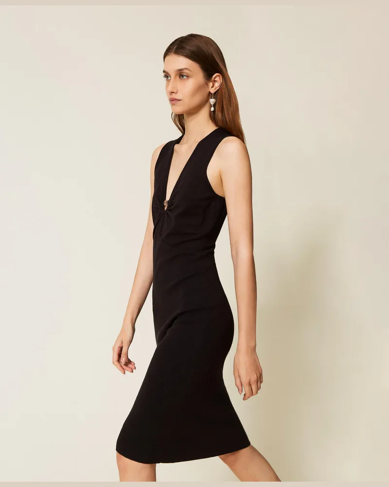 Twin-Set Kleider - Ärmelloses Midi-Strickkleid mit Oval T, Schwarz, Größe Schwarz