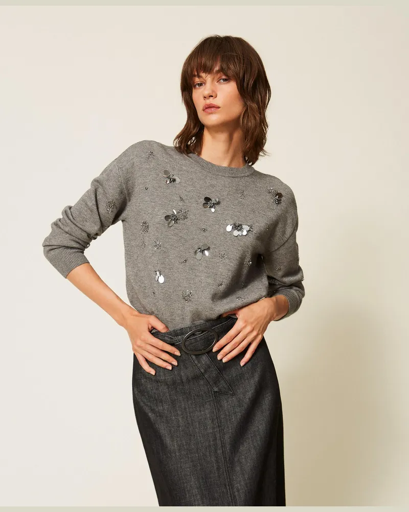 Twin-Set Rundhalspullover mit Stickmotiv, Damen, Mittelgrau-Melange Mittelgrau-melange