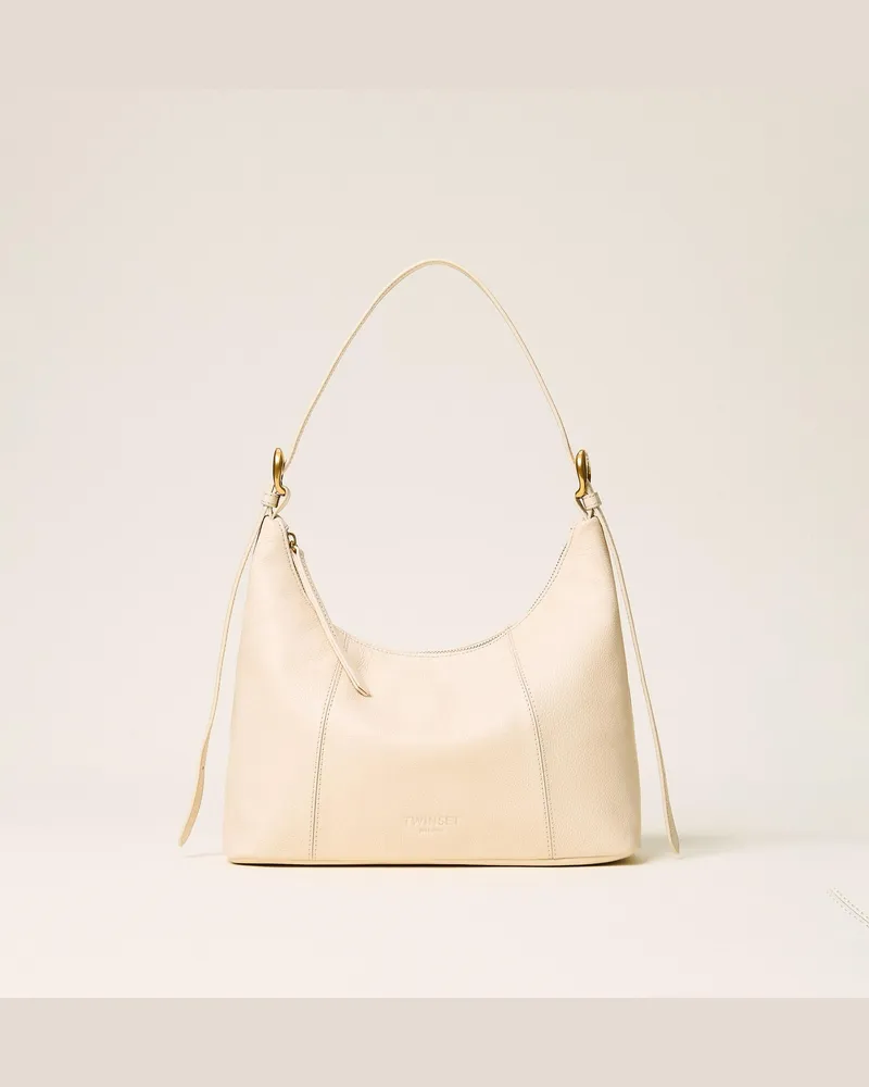 Twin-Set Hobo-Bag aus Leder mit verstellbarem Riemen, Damen, "Parchment"-Beige Parchment-beige