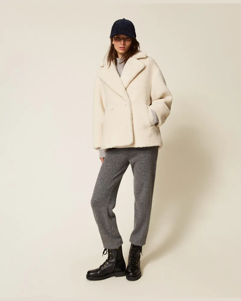 Twin-Set Jacken und Outerwear - Caban aus Kunstpelz mit Lurex, Mattweiß, Pelzimitat, Größe Mattweiß
