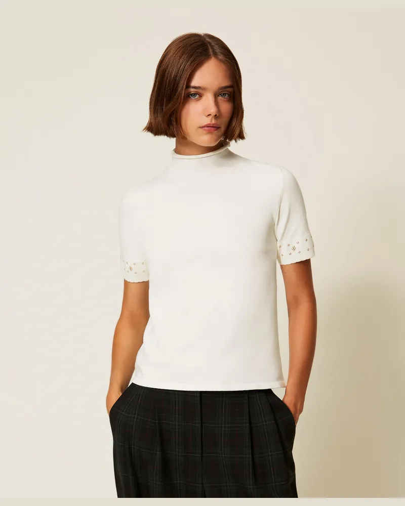 Twin-Set Rollkragenpullover mit Strass, Weiß Schnee, Größe: XXL 