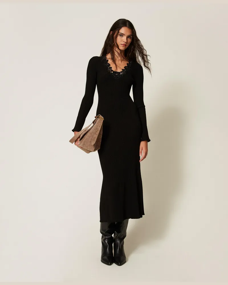 Twin-Set Maxistrickkleid mit Makrameespitze, Damen, Schwarz Schwarz