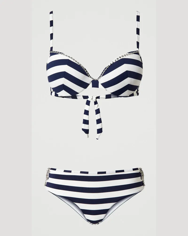 Twin-Set Bademode - Push-up-Bikinitop und Brazilian-Bikinihose mit Streifen, Zweifarbig Streifen „Blackout"-Schwarz / Star White, Strass, Größe: 2-B 
