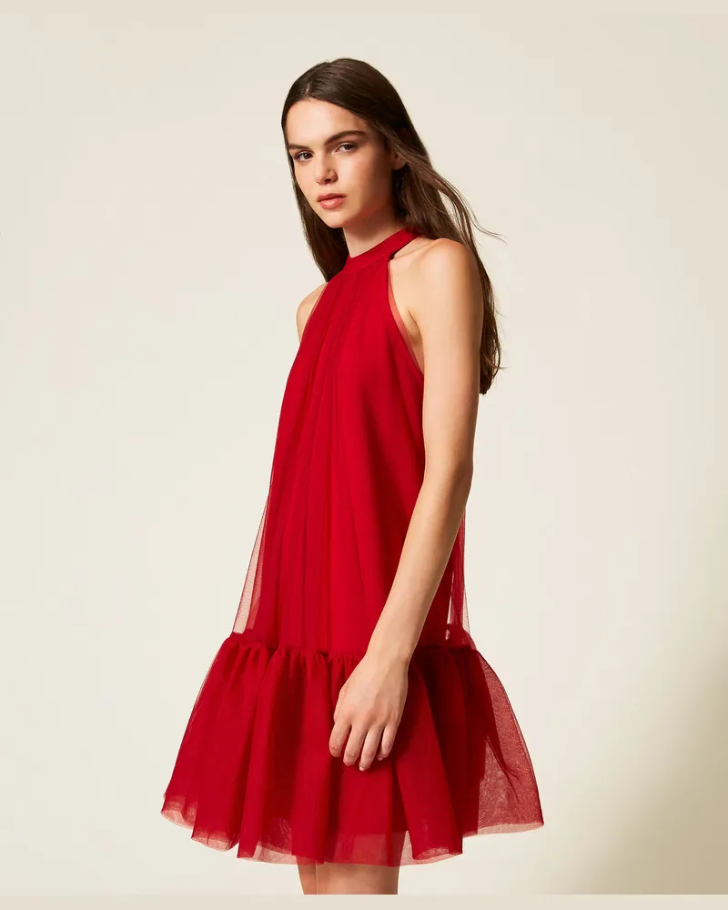 Actitude by Twinset Kleider - Kurzes Kleid aus Tüll mit Rüsche, Kirsch Rot, Größe Kirsch