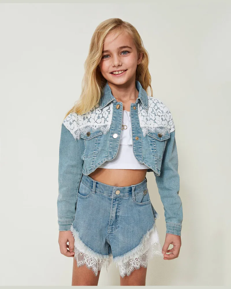 Twin-Set Jacken und Outerwear - Jeansjacke mit Spitze, Hellblauer Denim, Größe Hellblauer