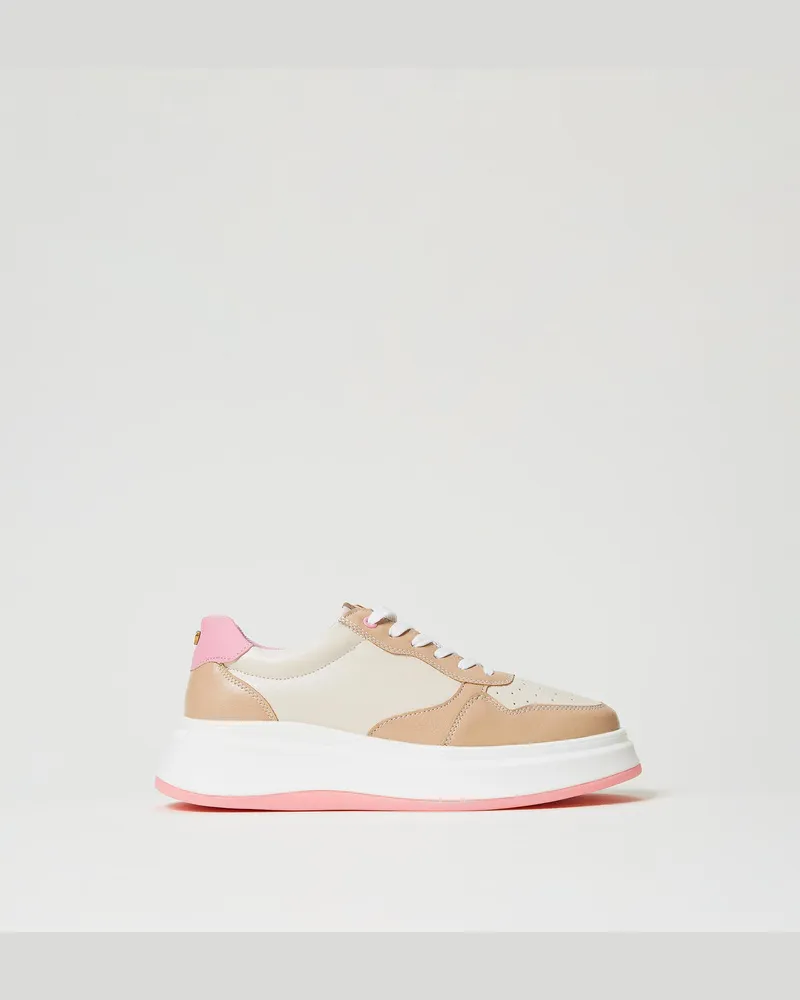Twin-Set Schuhe - Color-Block-Sneaker, Zweifarbig Optisches Weiß / „Prism Pink"-Rosa, Größe Zweifarbig