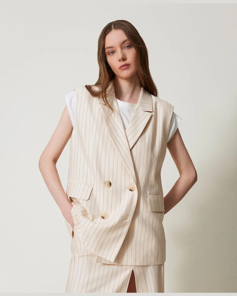 Twin-Set Jacken und Outerwear - Zweireihige Nadelstreifenweste, Nadelstreifen Beige / Schwarz, Gestreift, Größe Nadelstreifen