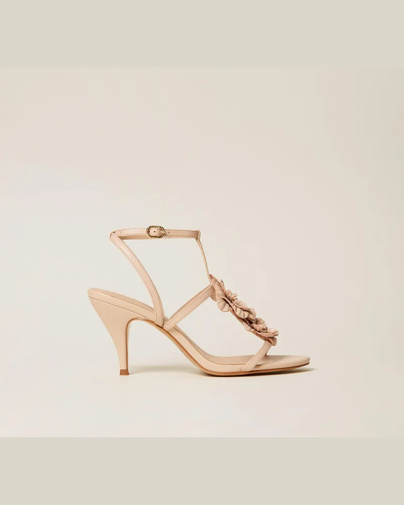 Twin-Set Schuhe - Sandale aus Leder mit Blume, "Rope"-Beige, Größe Rope-beige