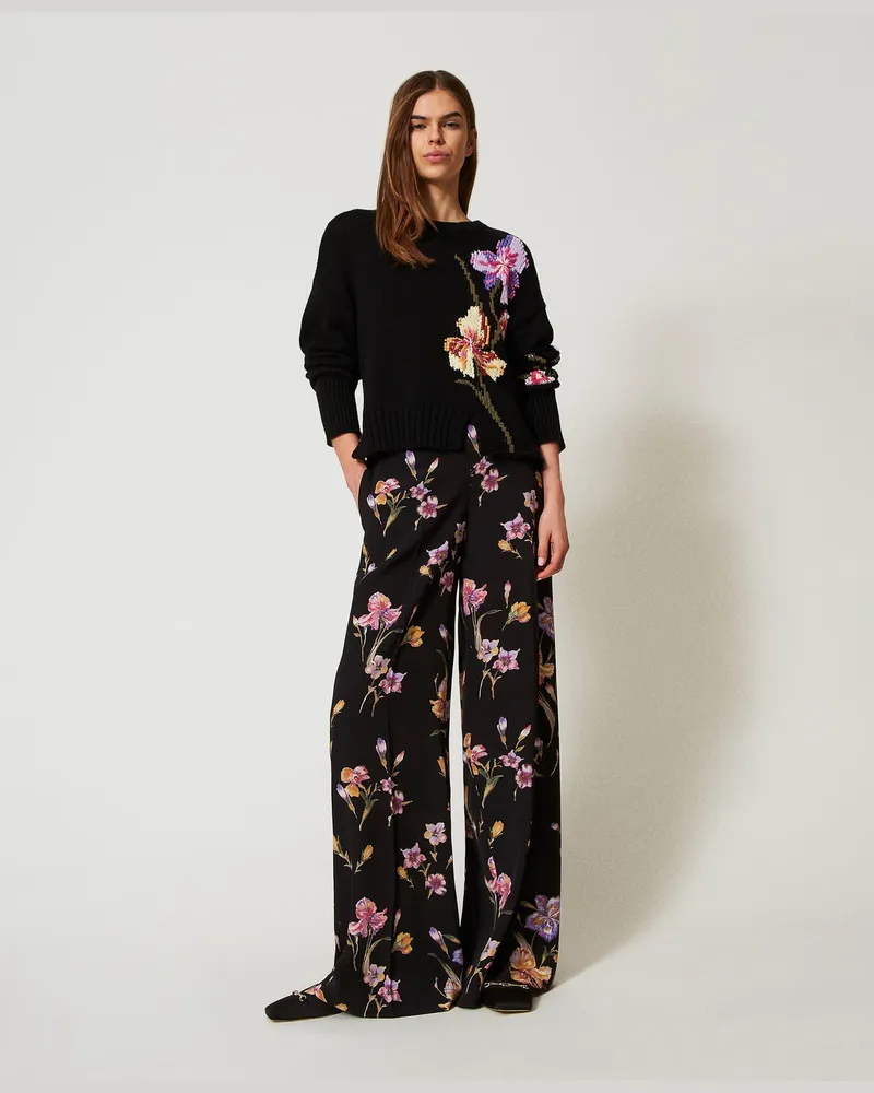 Twin-Set Hosen - Hose aus Crêpe de Chine mit Blumendessin, Print Iris Multicolor / Black, Größe Print