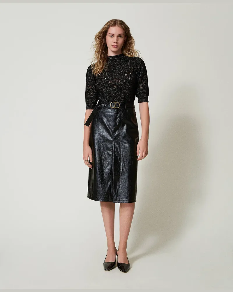 Twin-Set Röcke - Midirock aus Lederimitat, Schwarz, Lederoptik, Größe: 50 