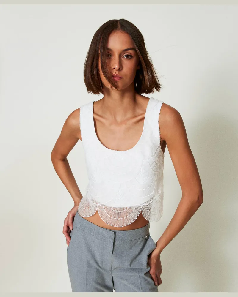 Actitude by Twinset Tops - Top aus Crêpe-Cady und besticktem Organza, White Sahne, Größe: M 