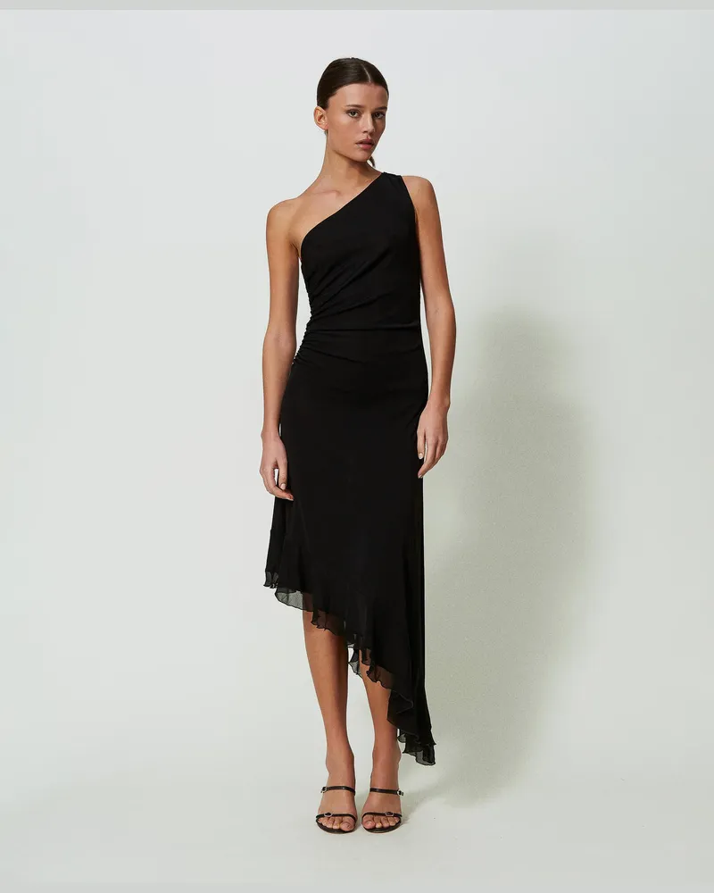 Twin-Set Kleider - Einschultriges Midikleid mit Faltenwürfen, Schwarz, Jersey, Größe Schwarz