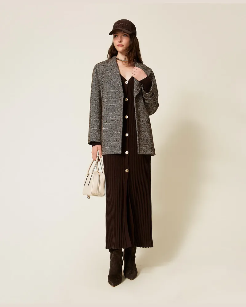 Twin-Set Jacken und Outerwear - Caban aus Wollmischung mit Lurex, Herringbone Brown / Gold, Wolle, Größe Herringbone