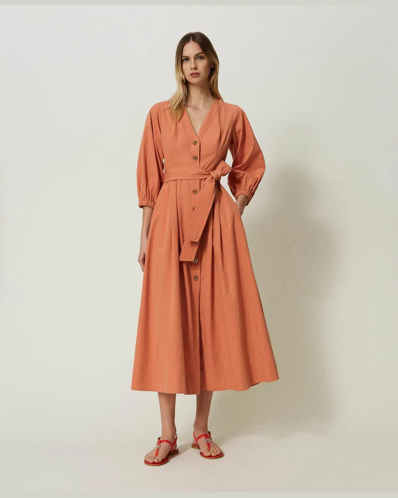 Twin-Set Kleider - Midikleid aus Popeline, „Canyon Sunset"-Orange, Baumwolle, Größe „canyon