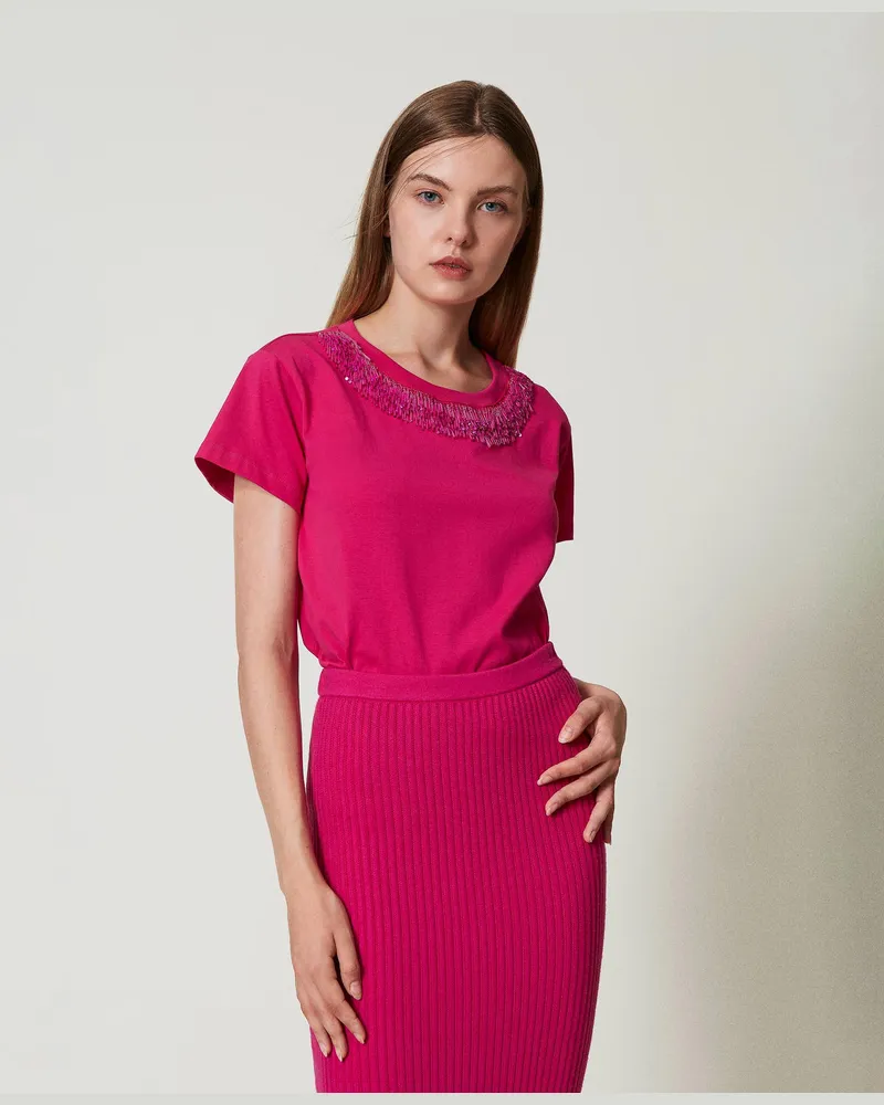 Actitude by Twinset T-Shirts - T-Shirt mit aufgestickten Fransen, Super Pink, Baumwolle, Größe: XS 