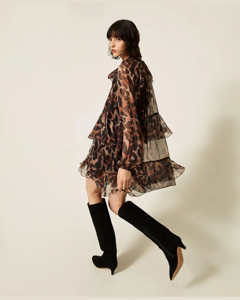 Twin-Set Kurzes Kleid aus Voile mit Animalprint, Damen, Animalprint Animalprint