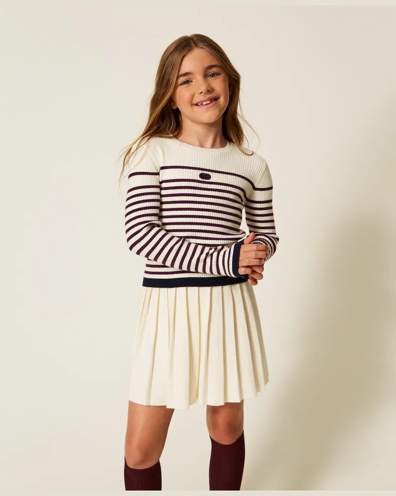 Twin-Set Gestreifter Stehkragenpullover, Papyrusweiß / Burgundy, Größe: 8A 